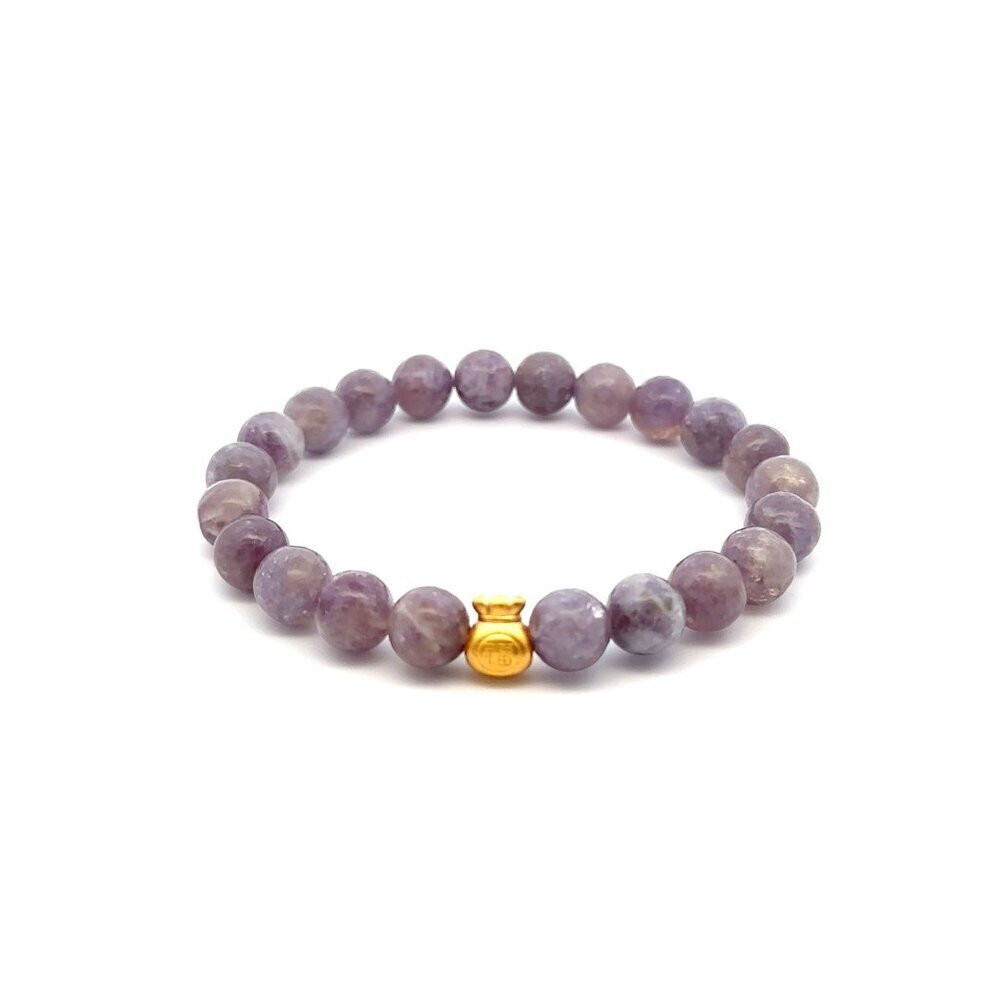 24K Gold Money Bag Stretchable Bracelet Gemstone Purple Tourmaline 8mm Size 6.5"